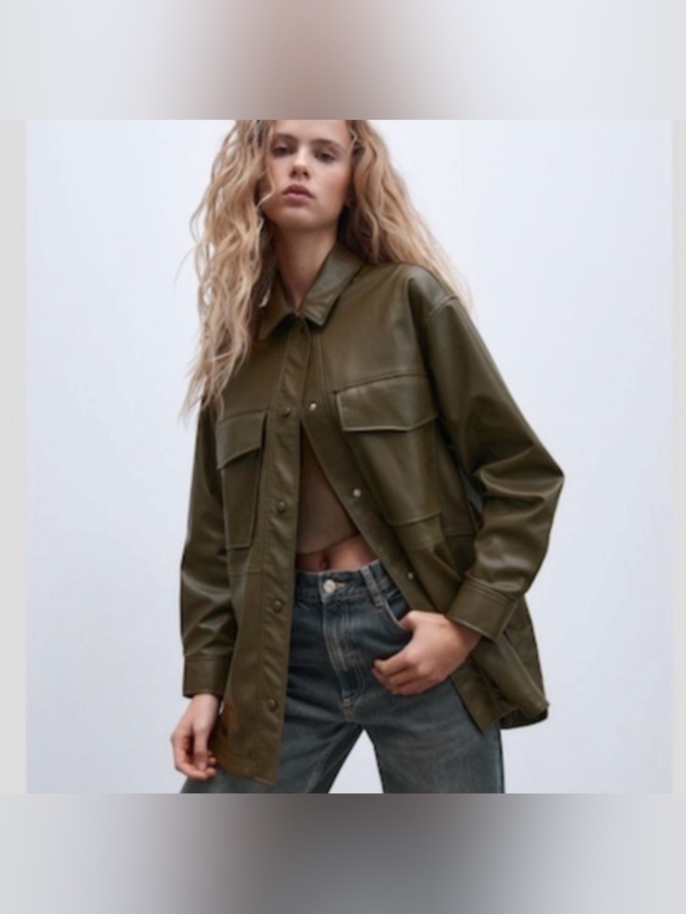 Zara Faux Leather Overshirt Jacket Olive Green XS